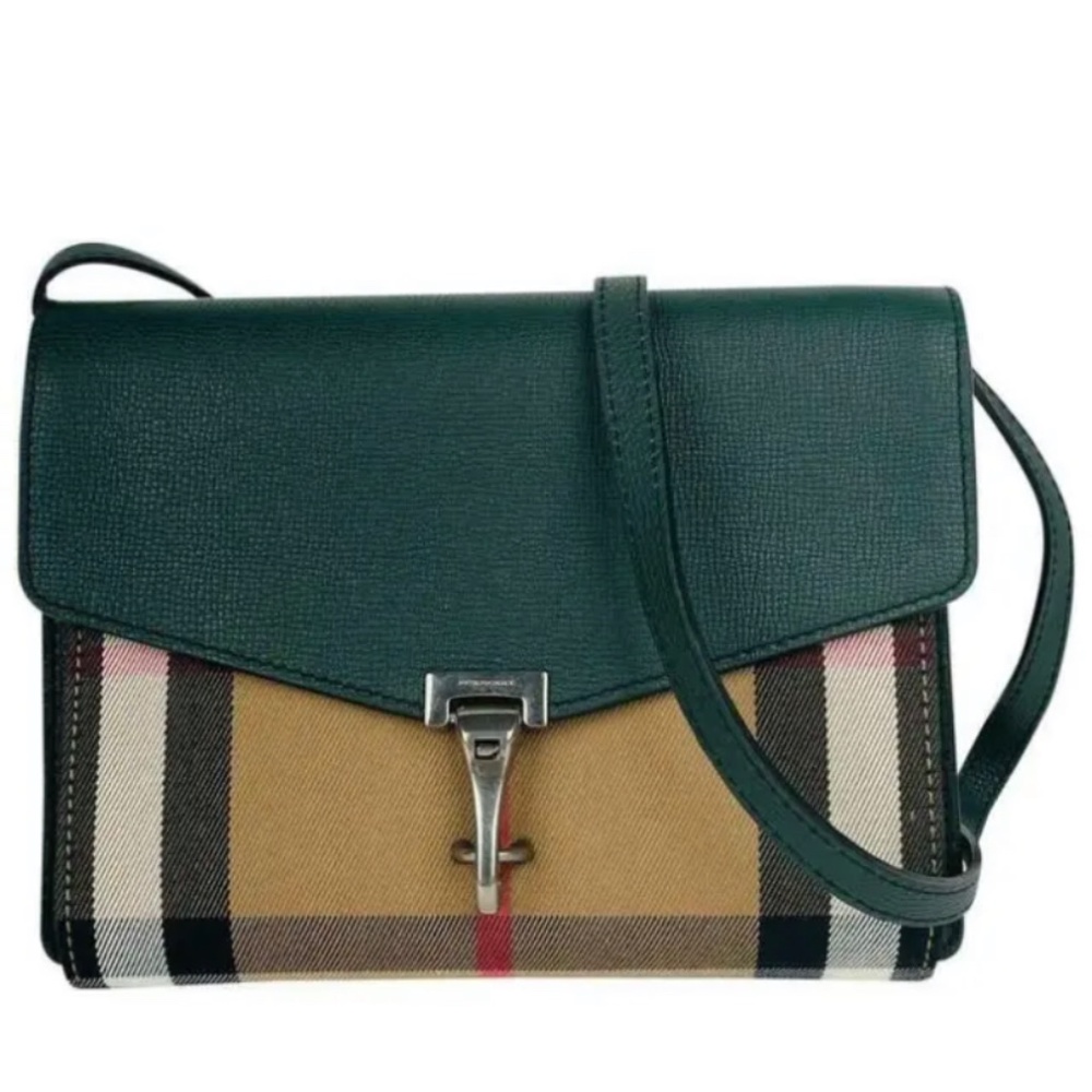 Authentic Burberry Macken House Check Derby Leather Crossbody Bag in Green